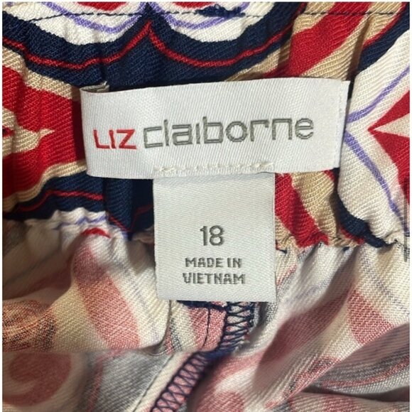 Liz Claiborne Wide Leg Pants Women Size 18 Flat Front Comfort Red Blue Geo Print - Picture 9 of 15